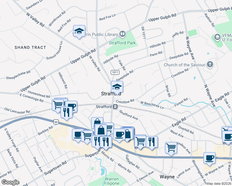 map of restaurants, bars, coffee shops, grocery stores, and more near 175 Old Eagle School Road in Wayne