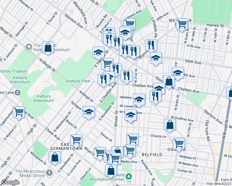 map of restaurants, bars, coffee shops, grocery stores, and more near 6312 Wister Street in Philadelphia