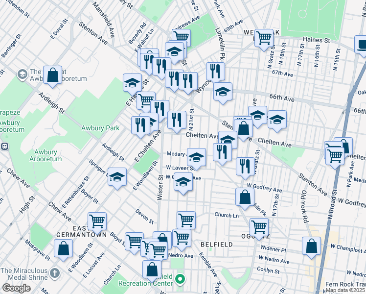 map of restaurants, bars, coffee shops, grocery stores, and more near 6315 North Norwood Street in Philadelphia