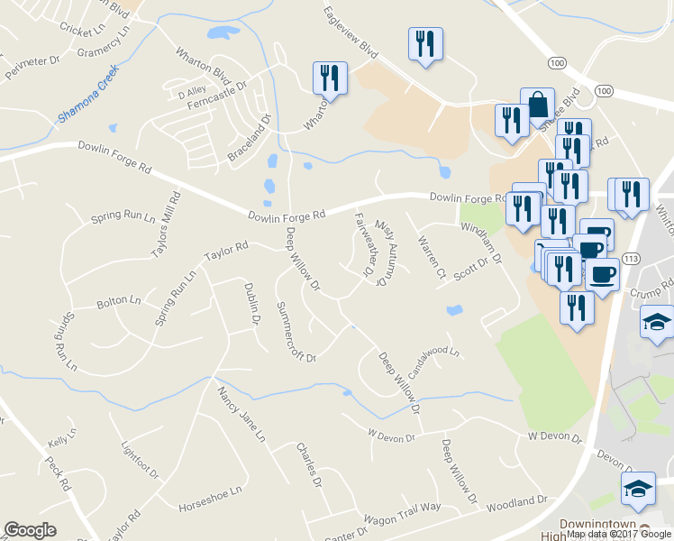 map of restaurants, bars, coffee shops, grocery stores, and more near 107 Shallow Springs Court in Exton