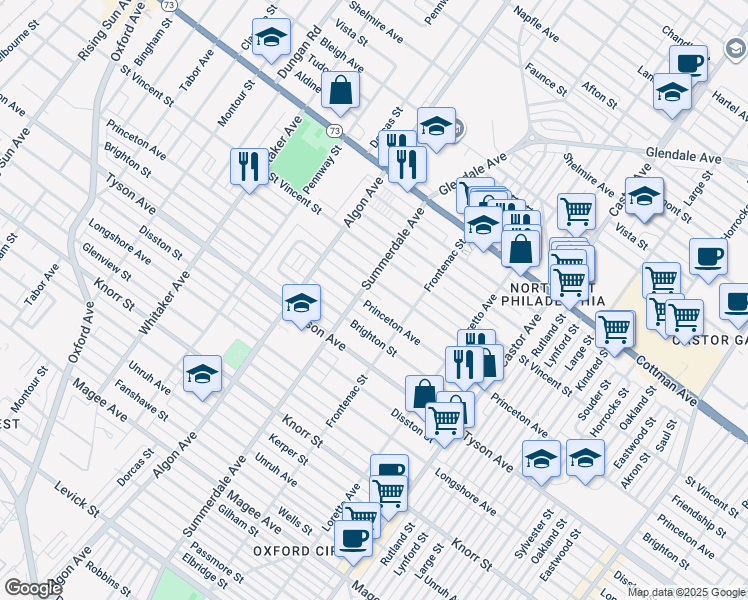 map of restaurants, bars, coffee shops, grocery stores, and more near 1209 Princeton Avenue in Philadelphia