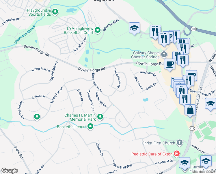 map of restaurants, bars, coffee shops, grocery stores, and more near 107 Shallow Springs Court in Exton