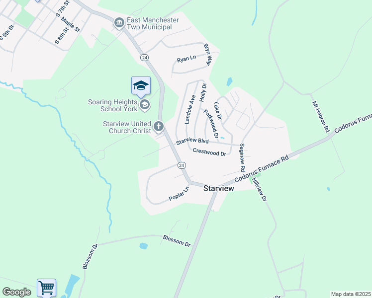 map of restaurants, bars, coffee shops, grocery stores, and more near 167 Crestwood Drive in Mount Wolf
