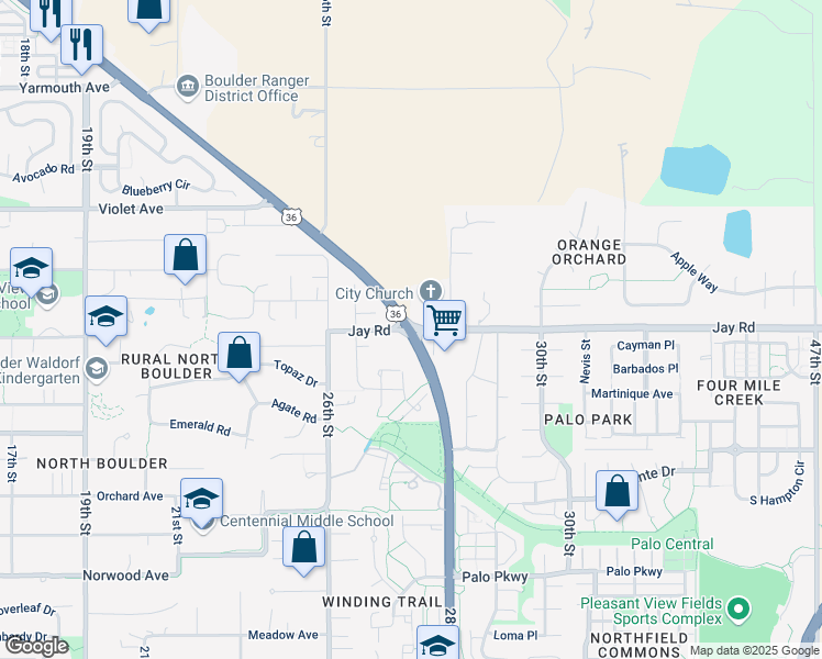 map of restaurants, bars, coffee shops, grocery stores, and more near 28th St & Jay Rd in Boulder