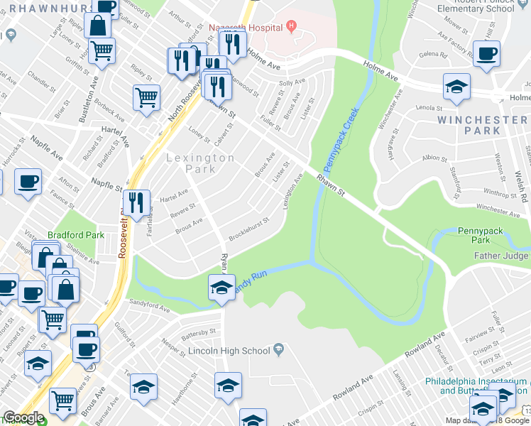 map of restaurants, bars, coffee shops, grocery stores, and more near 7830 Brocklehurst Street in Philadelphia
