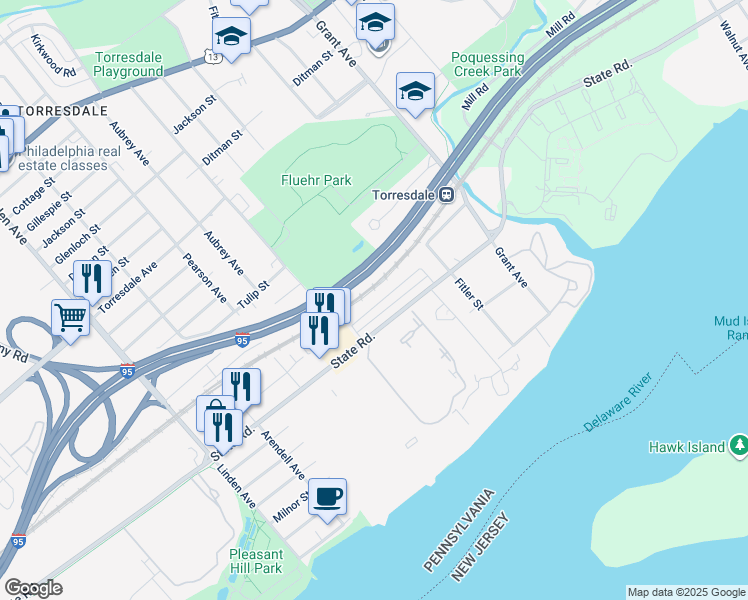 map of restaurants, bars, coffee shops, grocery stores, and more near 9528 James Street in Philadelphia