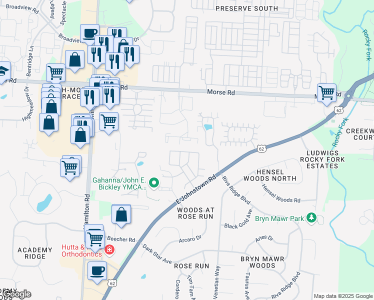 map of restaurants, bars, coffee shops, grocery stores, and more near 708 Wilke Place in Gahanna