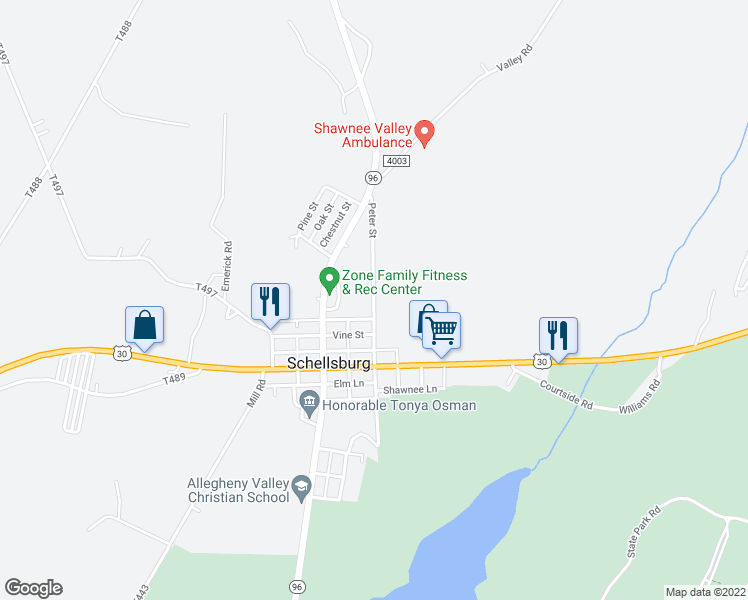 map of restaurants, bars, coffee shops, grocery stores, and more near 277 Peter Street in Schellsburg
