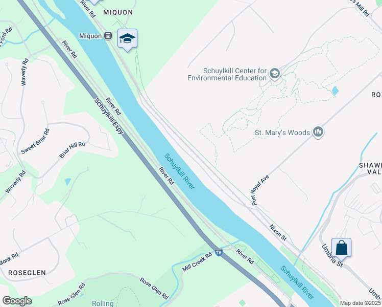 map of restaurants, bars, coffee shops, grocery stores, and more near 16 1/2 River Road in Philadelphia