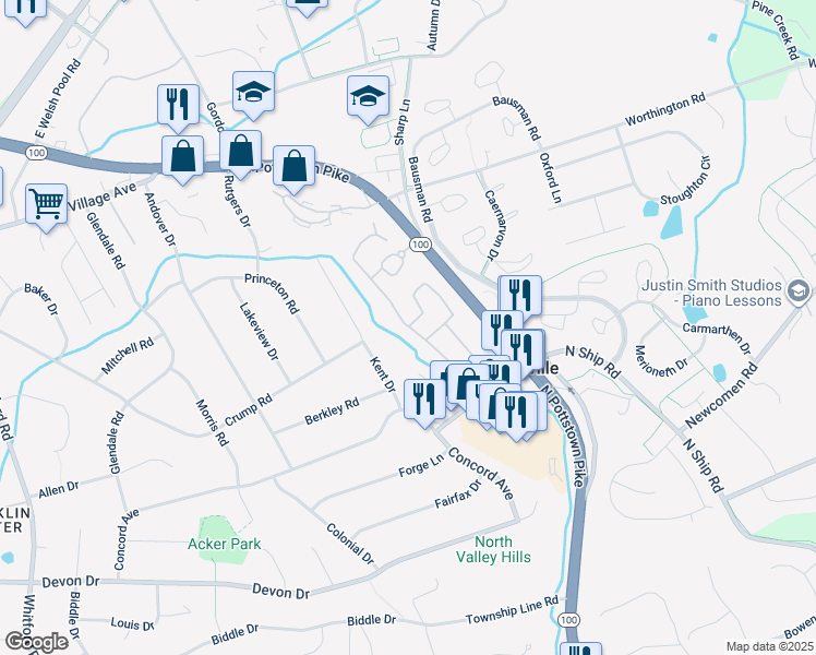 map of restaurants, bars, coffee shops, grocery stores, and more near 98 Heritage Lane in Exton