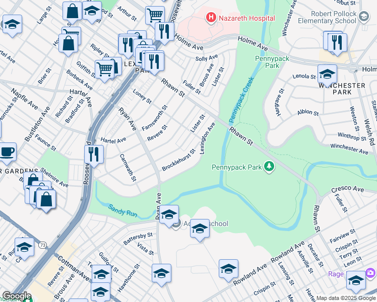 map of restaurants, bars, coffee shops, grocery stores, and more near 7830 Brocklehurst Street in Philadelphia