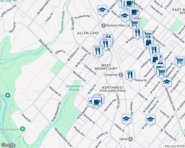 map of restaurants, bars, coffee shops, grocery stores, and more near 505 Glen Echo Road in Philadelphia