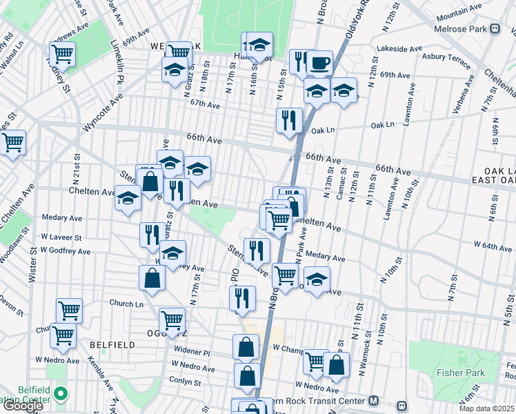 map of restaurants, bars, coffee shops, grocery stores, and more near 1501 West Chelten Avenue in Philadelphia