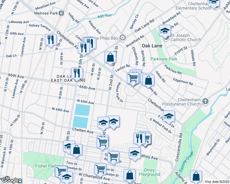 map of restaurants, bars, coffee shops, grocery stores, and more near 6552 Walnut Park Drive in Philadelphia