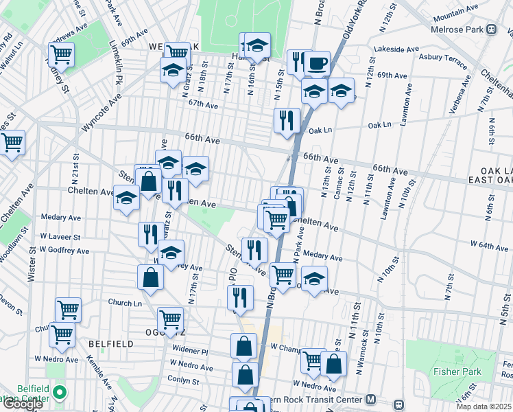 map of restaurants, bars, coffee shops, grocery stores, and more near 1501 West Chelten Avenue in Philadelphia