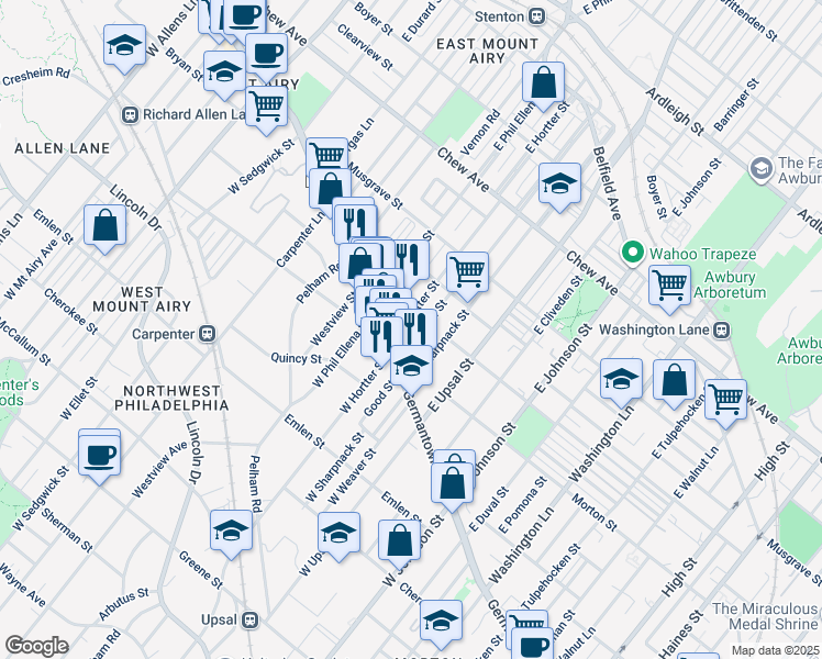 map of restaurants, bars, coffee shops, grocery stores, and more near 43 Montana Street in Philadelphia