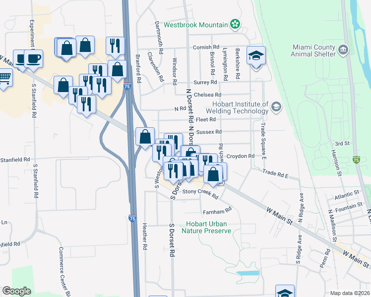 map of restaurants, bars, coffee shops, grocery stores, and more near 1537 Covent Road in Troy