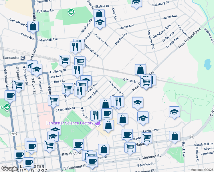 map of restaurants, bars, coffee shops, grocery stores, and more near 643 East Frederick Street in Lancaster