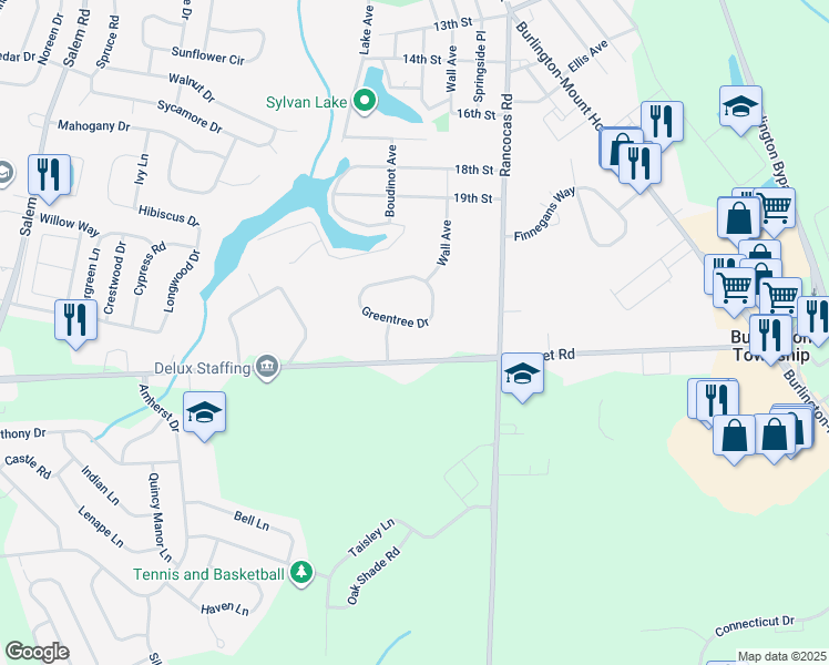 map of restaurants, bars, coffee shops, grocery stores, and more near 39 Greentree Drive in Burlington