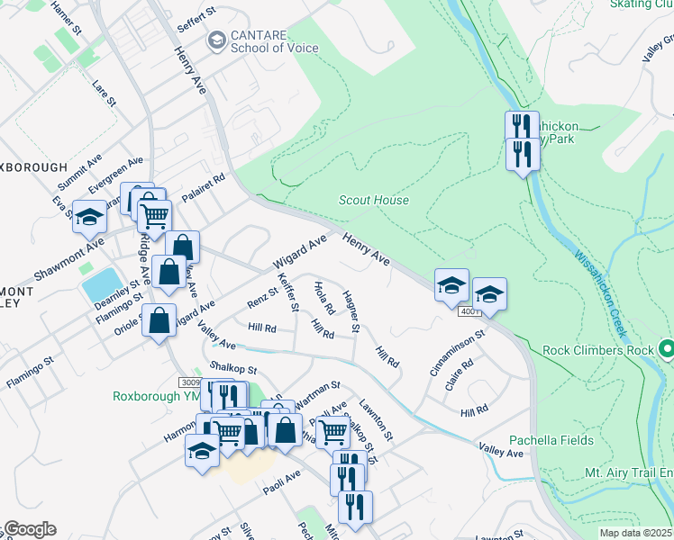 map of restaurants, bars, coffee shops, grocery stores, and more near 705 Valley Green Court in Philadelphia