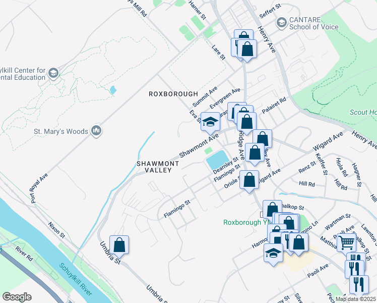 map of restaurants, bars, coffee shops, grocery stores, and more near 429 Shawmont Avenue in Philadelphia