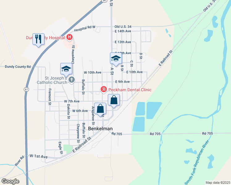 map of restaurants, bars, coffee shops, grocery stores, and more near 801-899 B Street in Benkelman