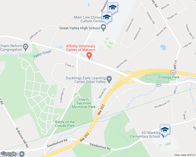 map of restaurants, bars, coffee shops, grocery stores, and more near 10 Rickmar Lane in Malvern