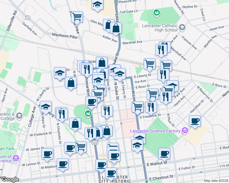 map of restaurants, bars, coffee shops, grocery stores, and more near 902 North Duke Street in Lancaster