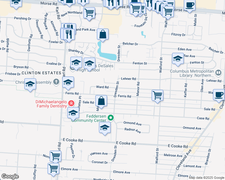 map of restaurants, bars, coffee shops, grocery stores, and more near 1770 Ward Road in Columbus