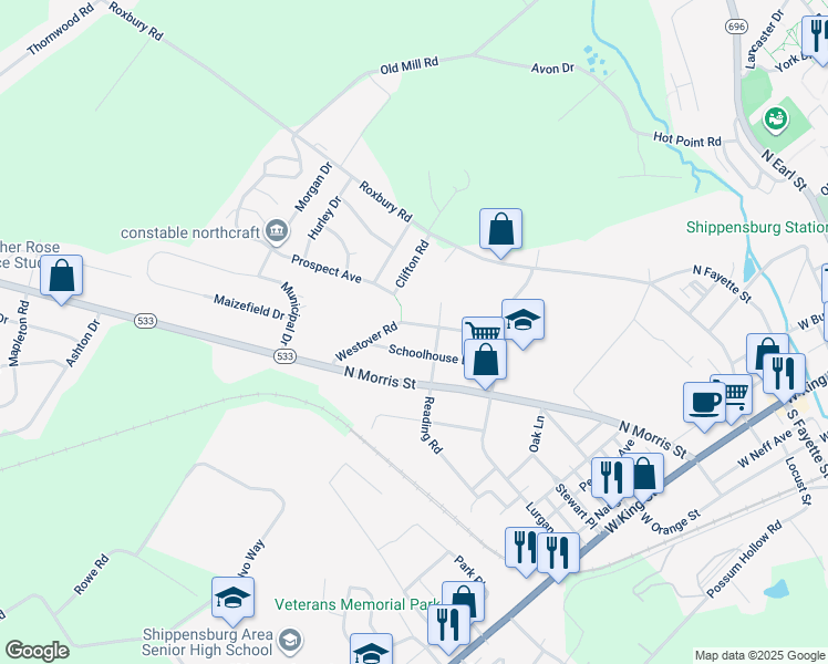map of restaurants, bars, coffee shops, grocery stores, and more near 510 Westover Road in Shippensburg