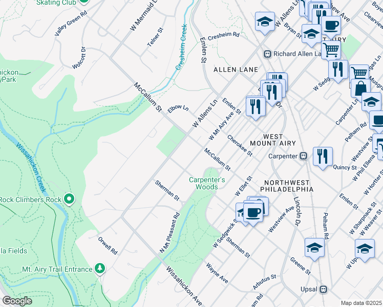 map of restaurants, bars, coffee shops, grocery stores, and more near 619 West Mount Airy Avenue in Philadelphia