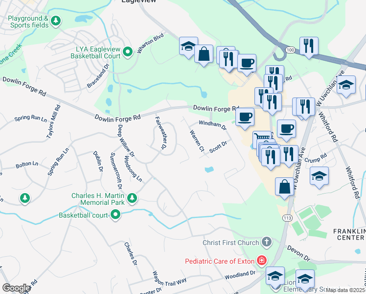 map of restaurants, bars, coffee shops, grocery stores, and more near 134 North Lynwood Lane in Exton