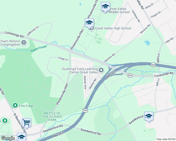 map of restaurants, bars, coffee shops, grocery stores, and more near 10 Rickmar Lane in Malvern