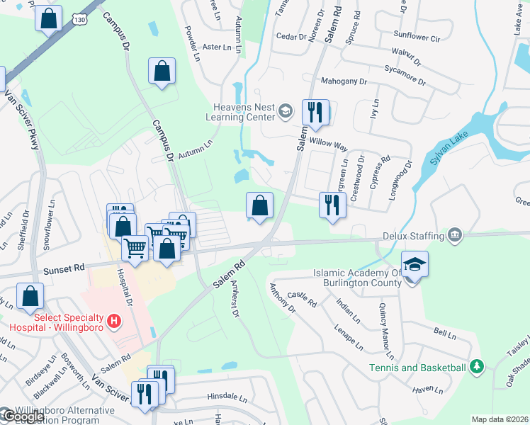 map of restaurants, bars, coffee shops, grocery stores, and more near 1814 Salem Road in Burlington
