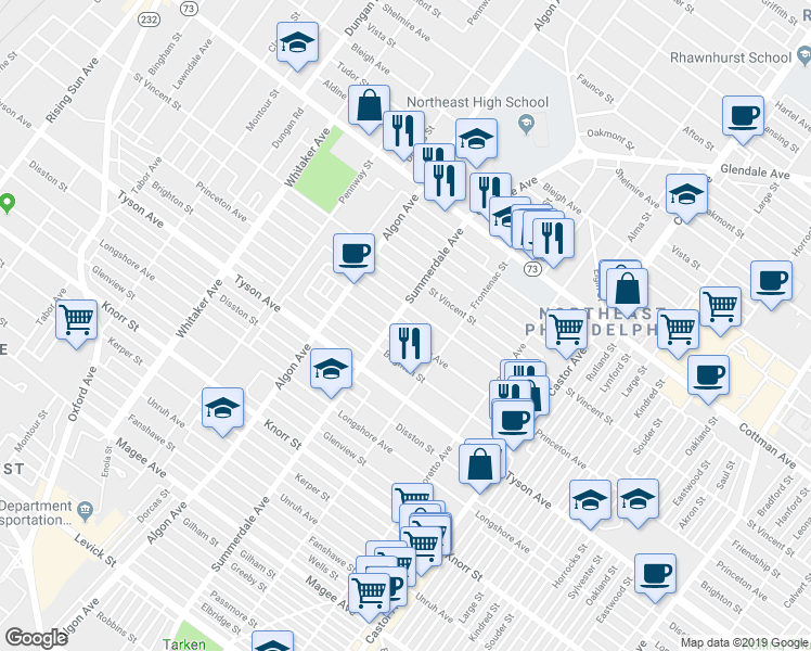 map of restaurants, bars, coffee shops, grocery stores, and more near 1216 Friendship Street in Philadelphia