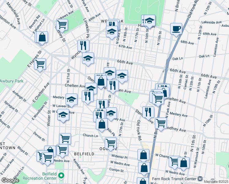 map of restaurants, bars, coffee shops, grocery stores, and more near 6401 Ogontz Avenue in Philadelphia