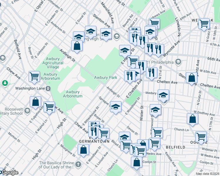 map of restaurants, bars, coffee shops, grocery stores, and more near 1121 East Rittenhouse Street in Philadelphia