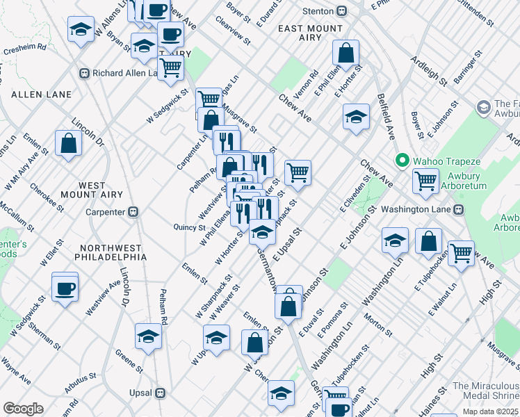 map of restaurants, bars, coffee shops, grocery stores, and more near 18 East Hortter Street in Philadelphia
