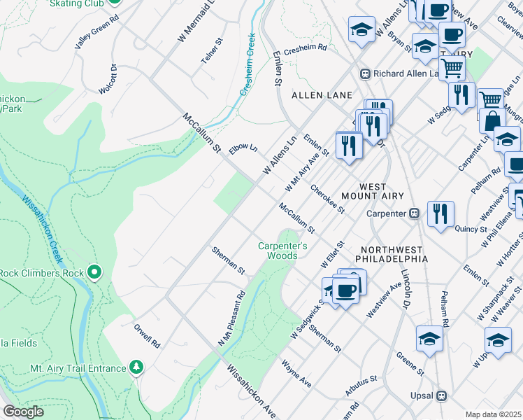 map of restaurants, bars, coffee shops, grocery stores, and more near 619 West Mount Airy Avenue in Philadelphia