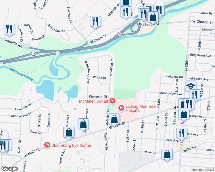 map of restaurants, bars, coffee shops, grocery stores, and more near 1408 Amesbury Lane in Newark