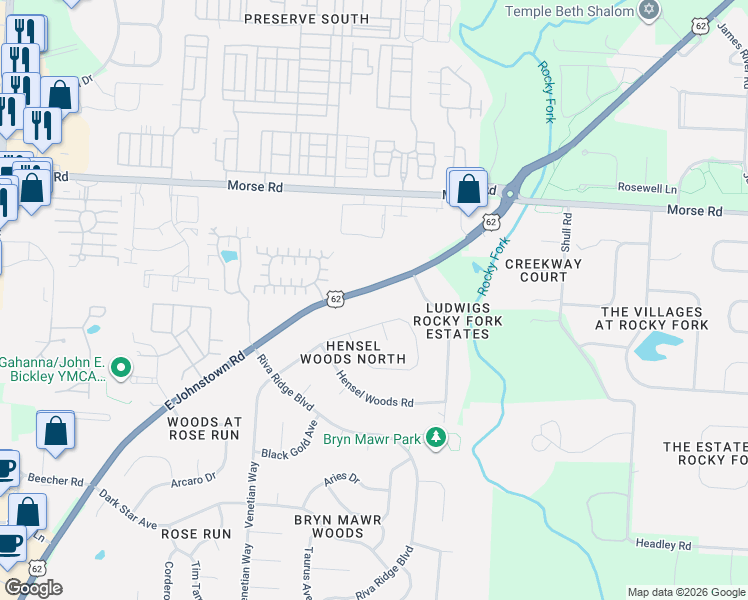 map of restaurants, bars, coffee shops, grocery stores, and more near 4671 East Johnstown Road in Columbus