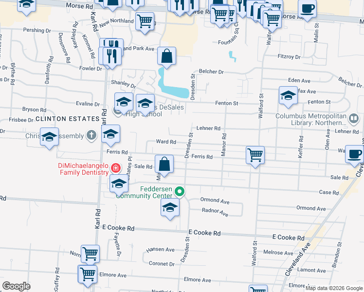 map of restaurants, bars, coffee shops, grocery stores, and more near 1770 Ward Road in Columbus