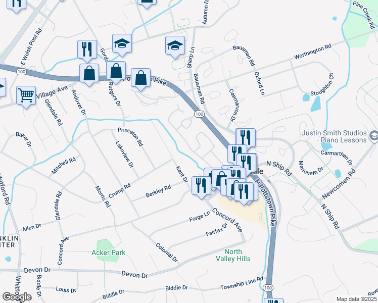 map of restaurants, bars, coffee shops, grocery stores, and more near 120 Heritage Lane in Exton