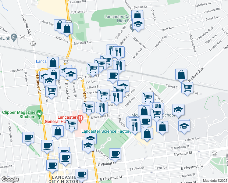 map of restaurants, bars, coffee shops, grocery stores, and more near 810 North Plum Street in Lancaster