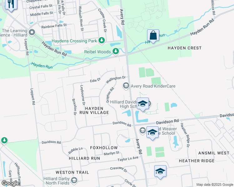 map of restaurants, bars, coffee shops, grocery stores, and more near Princess Diana Court in Hilliard