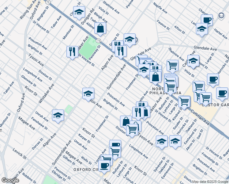 map of restaurants, bars, coffee shops, grocery stores, and more near 1222 Friendship Street in Philadelphia
