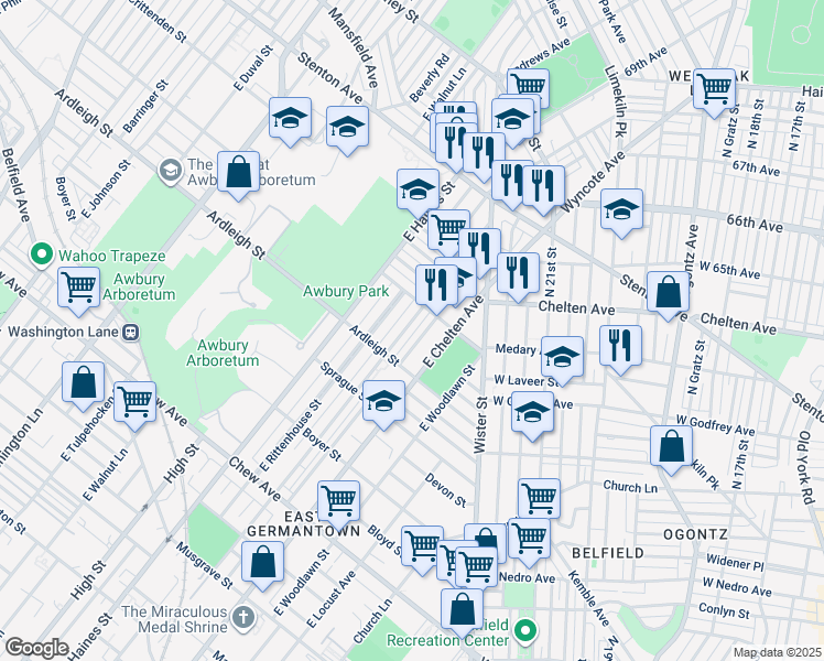 map of restaurants, bars, coffee shops, grocery stores, and more near 1136 East Price Street in Philadelphia