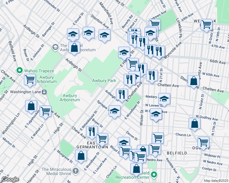 map of restaurants, bars, coffee shops, grocery stores, and more near 1112 East Rittenhouse Street in Philadelphia