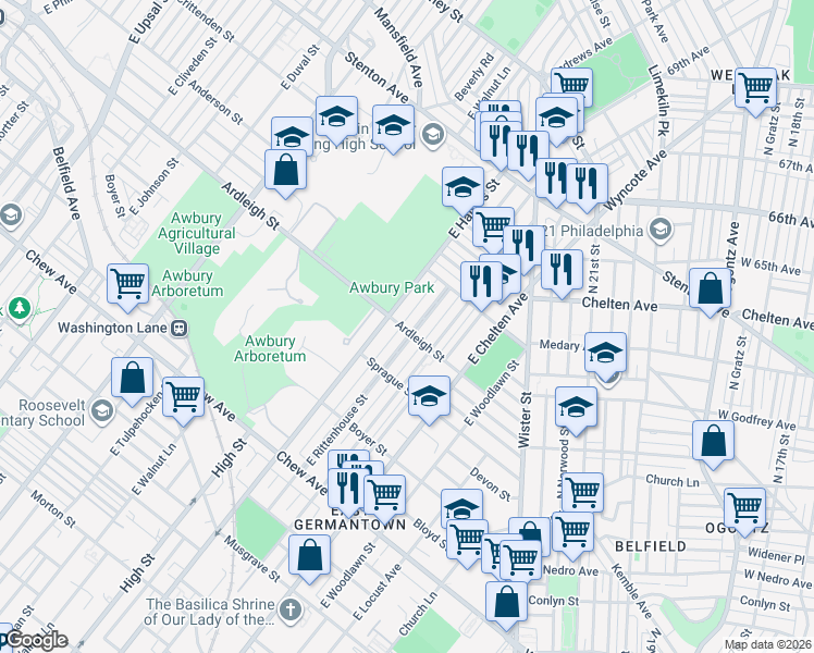 map of restaurants, bars, coffee shops, grocery stores, and more near 1121 East Rittenhouse Street in Philadelphia