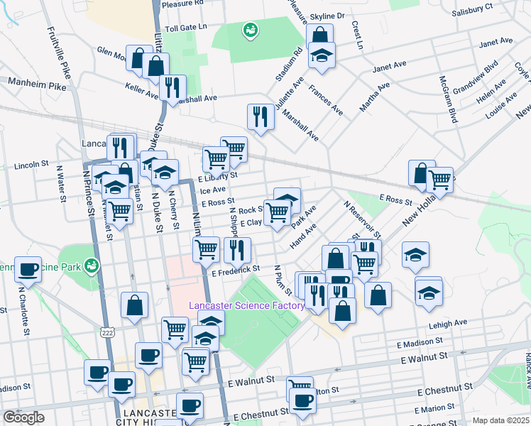 map of restaurants, bars, coffee shops, grocery stores, and more near 810 North Plum Street in Lancaster